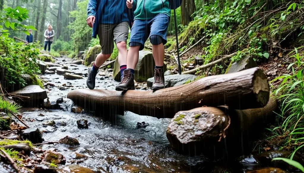 Hikers crossing a stream on the Cochamo Trail during light rain