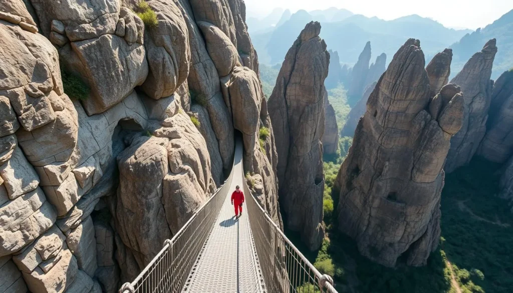 Hikers crossing a suspension bridge between limestone pinnacles in Grand Tsingy