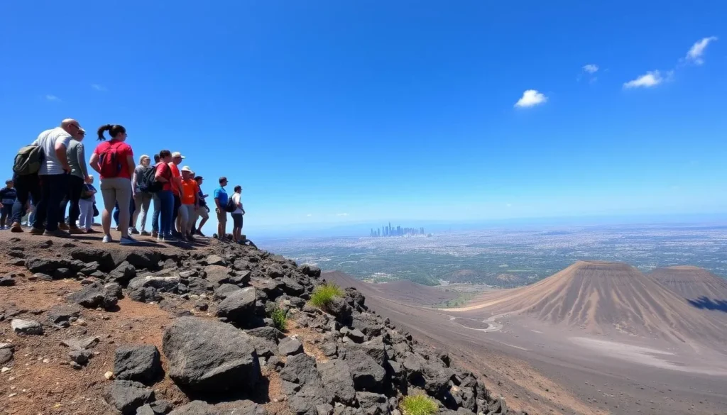 Hikers enjoying panoramic views from a volcanic ridge in Lomas de Padierna National Park