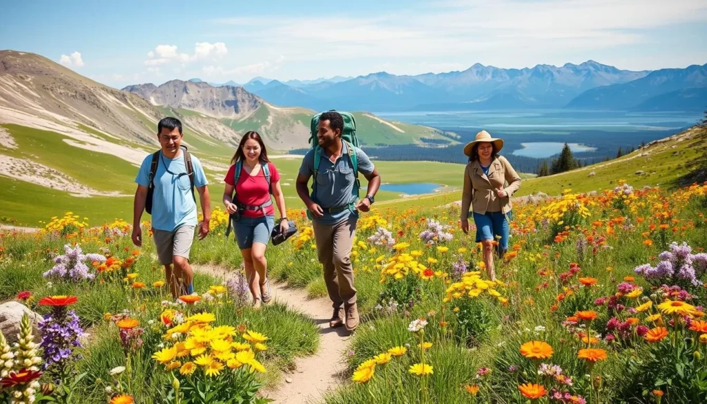 Hikers enjoying summer trails around Mammoth Lakes with wildflowers in bloom