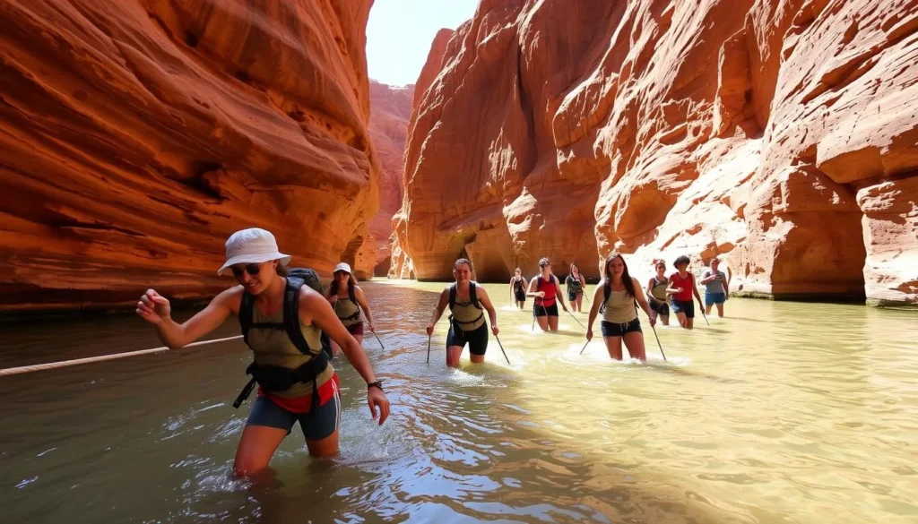 Hikers enjoying the Siq Trail at Wadi Mujib during optimal visiting season with clear water and moderate water levels
