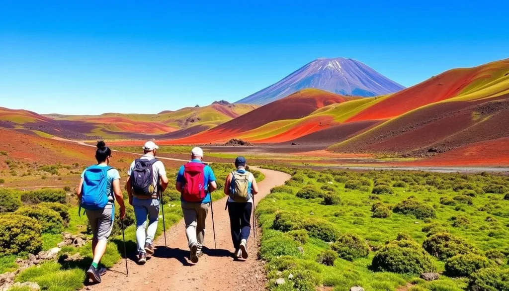 Hikers enjoying the Tongariro Alpine Crossing during summer with clear views of Mount Ngauruhoe Hikers enjoying the Tongariro Alpine Crossing during summer with clear views of Mount Ngauruhoe