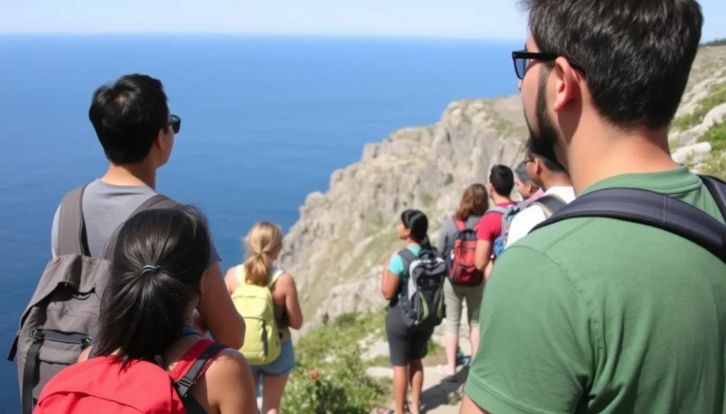 Hikers enjoying the view from Cliff Trail on Isle au Haut with panoramic ocean vistas
