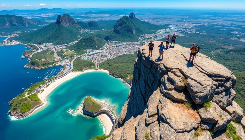 Hikers enjoying the view from Costão de Itacoatiara trail overlooking the beach and ocean Hikers enjoying the view from Costão de Itacoatiara trail overlooking the beach and ocean