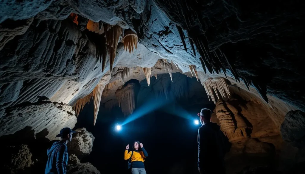 Hikers exploring a cave system in Bashkiriya National Park with headlamps Hikers exploring a cave system in Bashkiriya National Park with headlamps