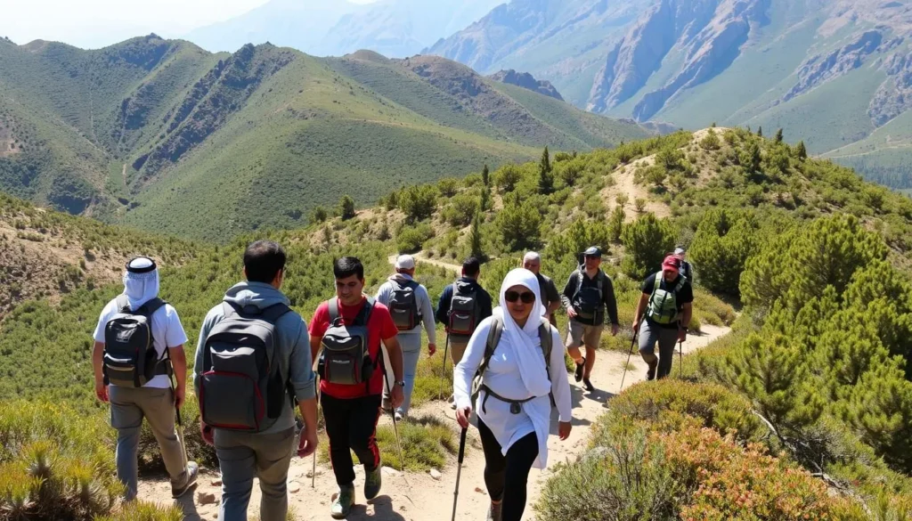 Hikers exploring a mountain trail in Aseer National Park surrounded by juniper forests Hikers exploring a mountain trail in Aseer National Park surrounded by juniper forests