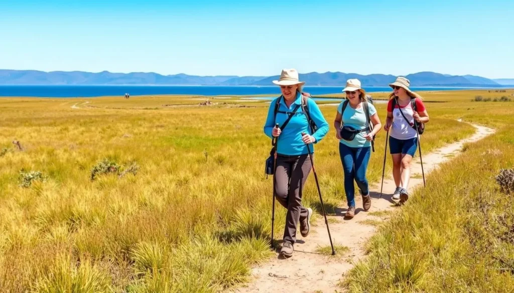 Hikers exploring a nature trail through the meadows surrounding Lake Dzhankho Hikers exploring a nature trail through the meadows surrounding Lake Dzhankho