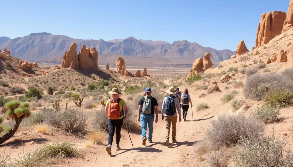 Hikers exploring a scenic trail in Sanghr Jabbess National Park with diverse desert flora