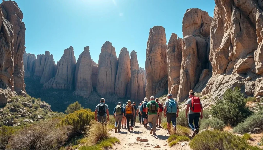 Hikers exploring a trail between towering rock formations in Sierra de Organos National Park