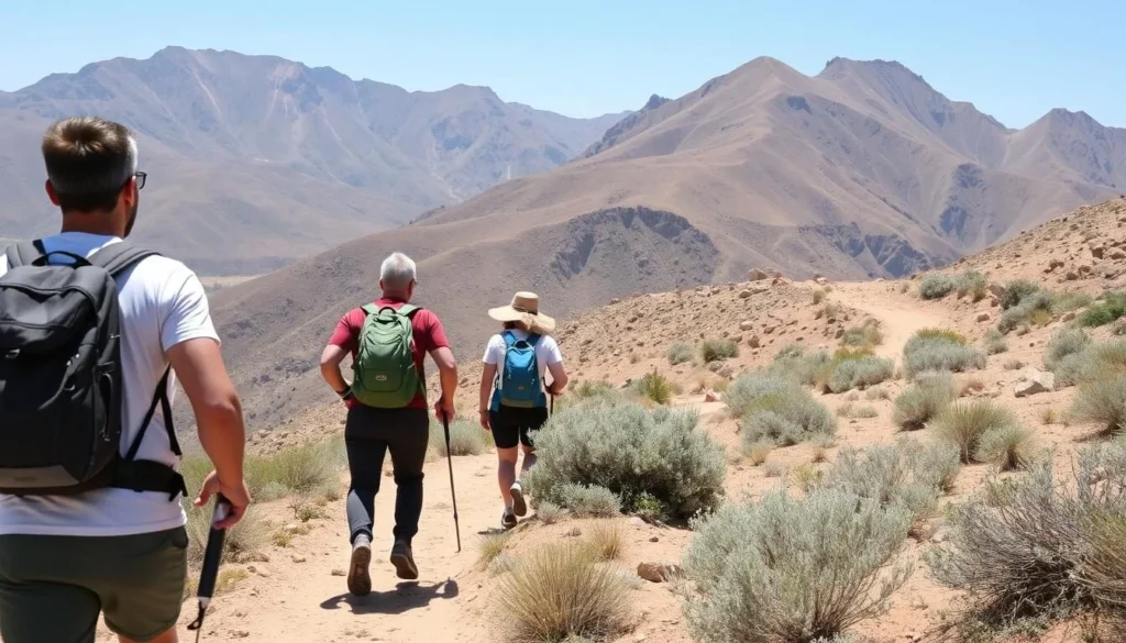 Hikers exploring a trail in Jebel Orbata National Park with mountain views