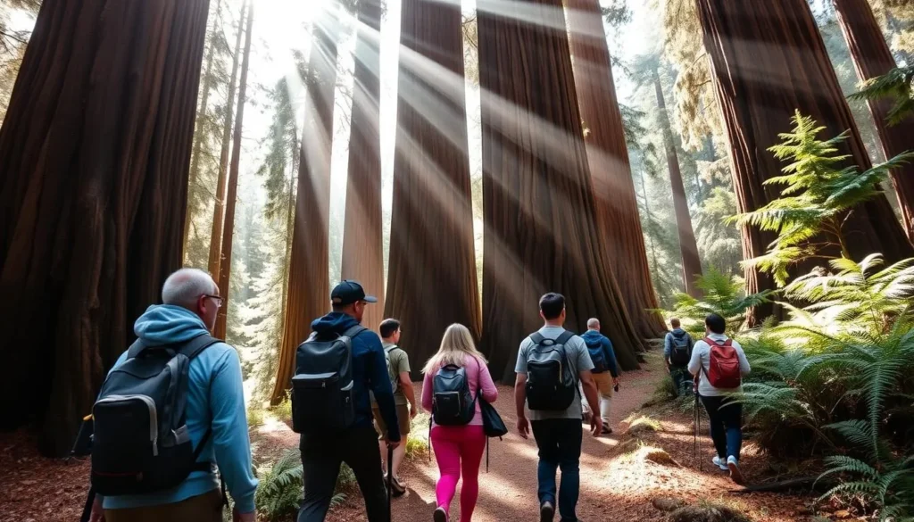 Hikers exploring a trail through Mailliard Redwoods State Natural Reserve with massive redwood trees