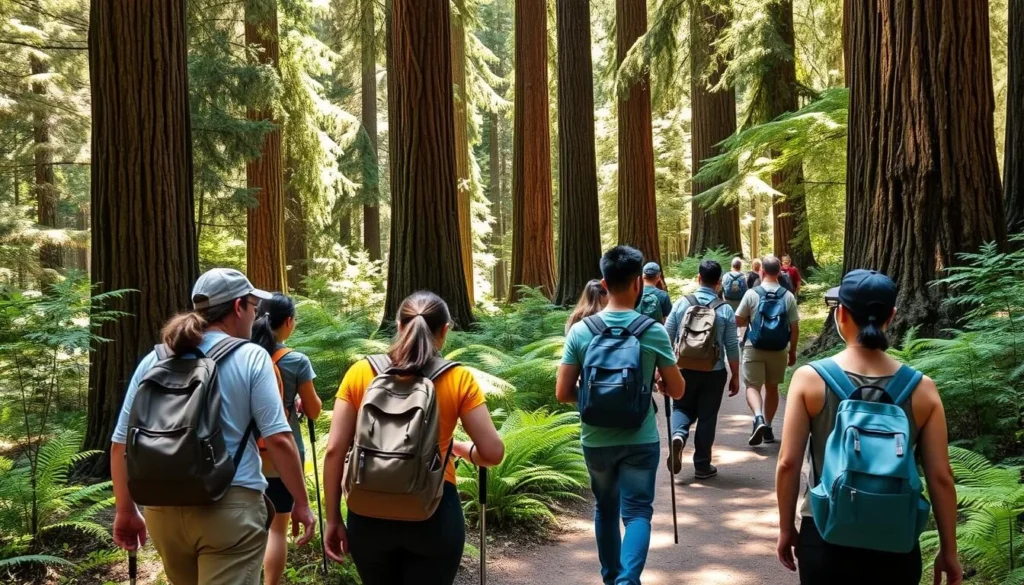 Hikers exploring a trail through redwoods at Azalea State Natural Reserve, California
