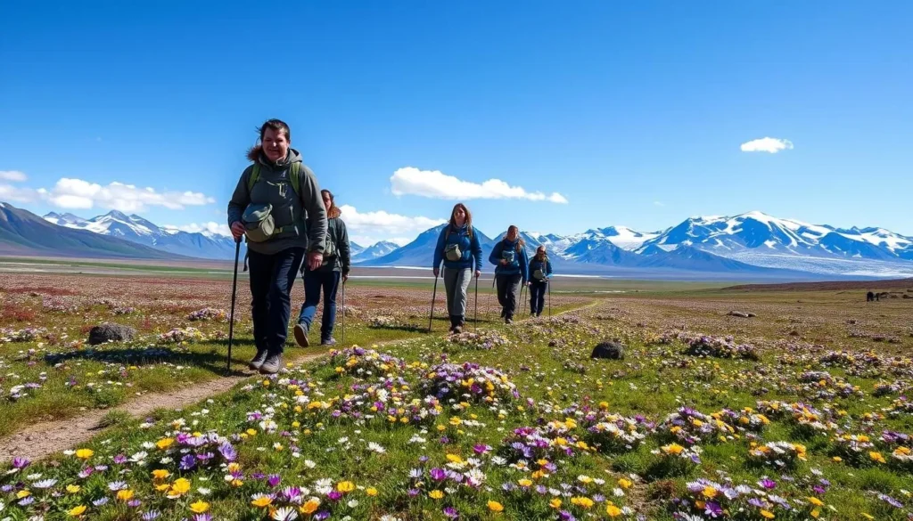Hikers exploring colorful tundra landscapes in Greenland during summer
