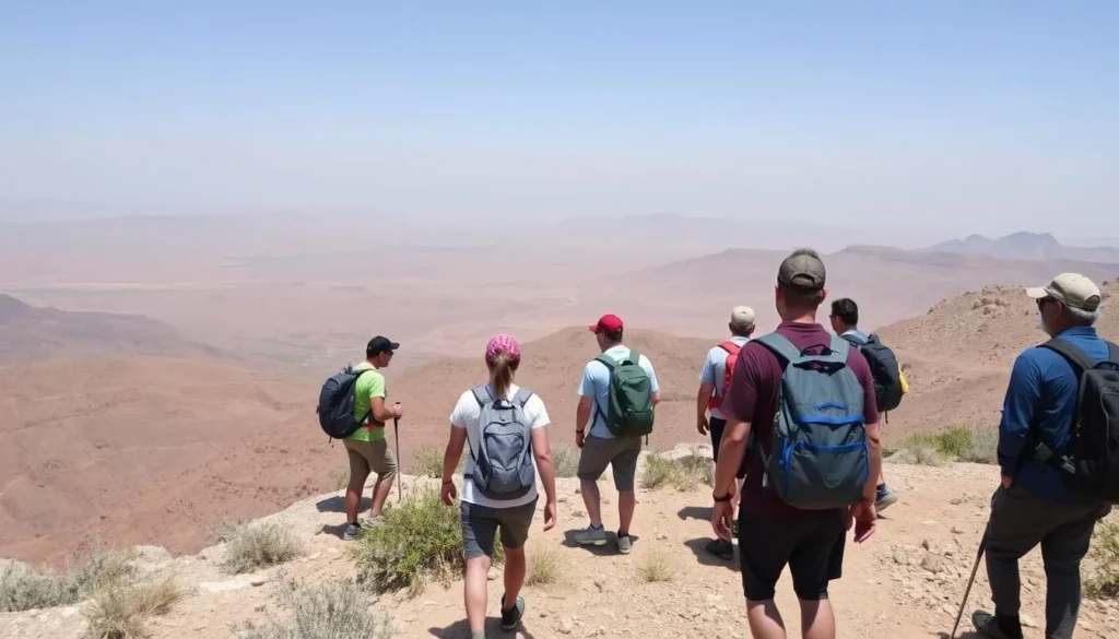 Hikers exploring mountain trails in Al Amerat Province with scenic views