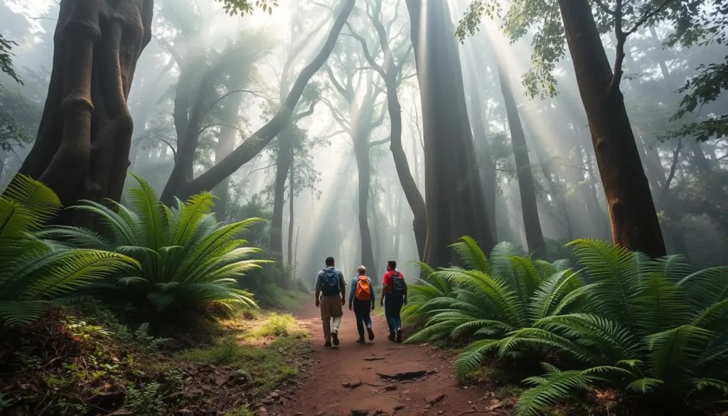 Hikers exploring the cloud forest in Amboro National Park with giant ferns visible