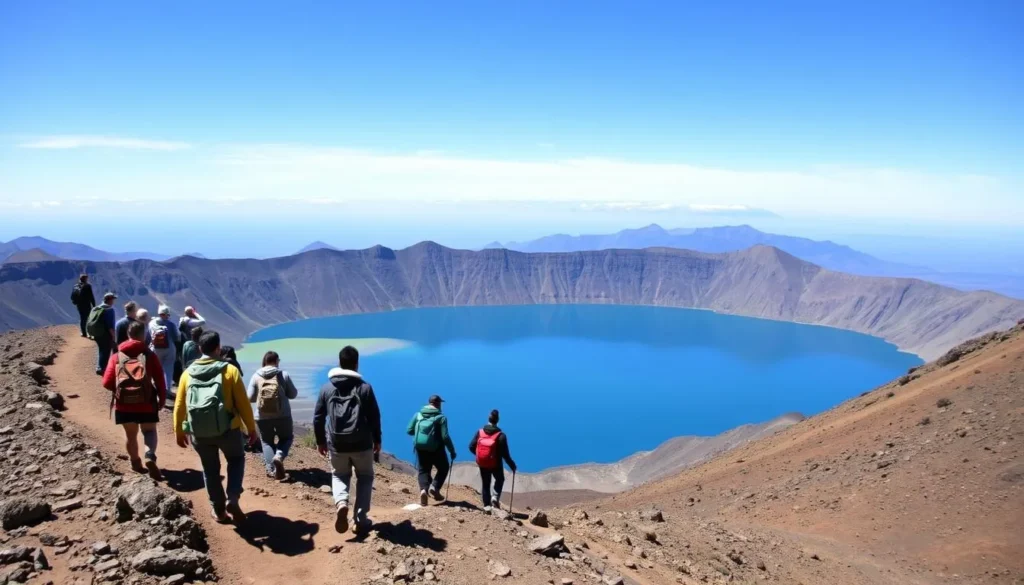 Hikers exploring the crater rim trail at Nevado de Toluca with views of both lakes