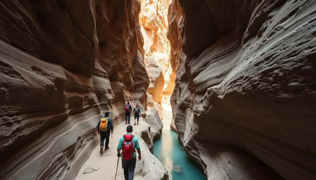 Hikers exploring the dramatic Snake Canyon (Wadi Bani Awf) near Rustaq Hikers exploring the dramatic Snake Canyon (Wadi Bani Awf) near Rustaq