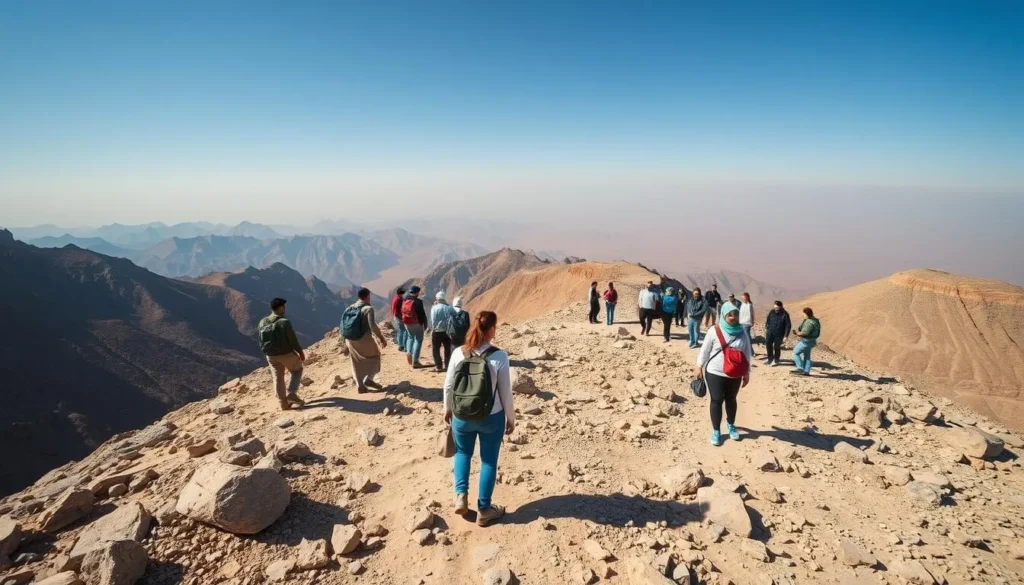 Hikers exploring the scenic trails of Jabal Al-Lawz mountain in Tabuk, Saudi Arabia Hikers exploring the scenic trails of Jabal Al-Lawz mountain in Tabuk, Saudi Arabia