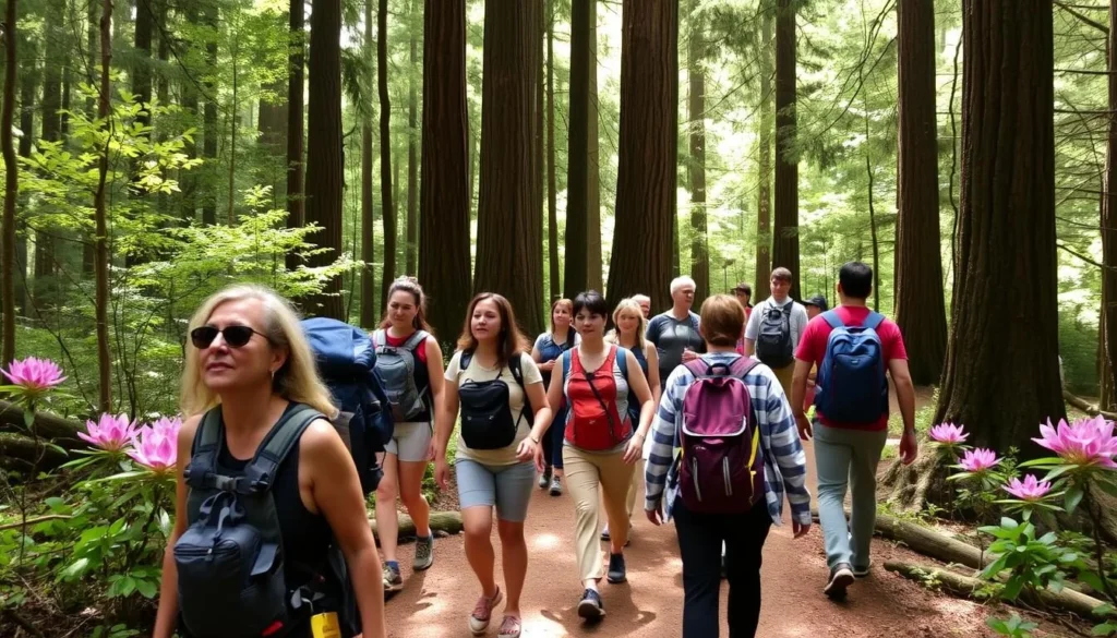 Hikers exploring trails at Kruse Rhododendron State Natural Reserve