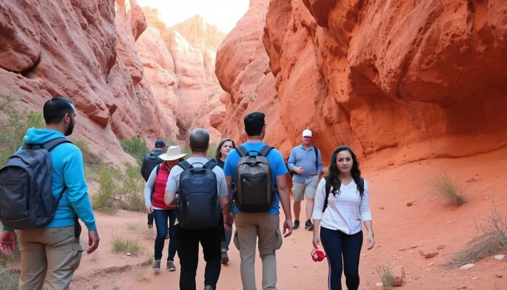 Hikers exploring unique rock formations at Hagen Canyon in Red Rock Canyon State Park California