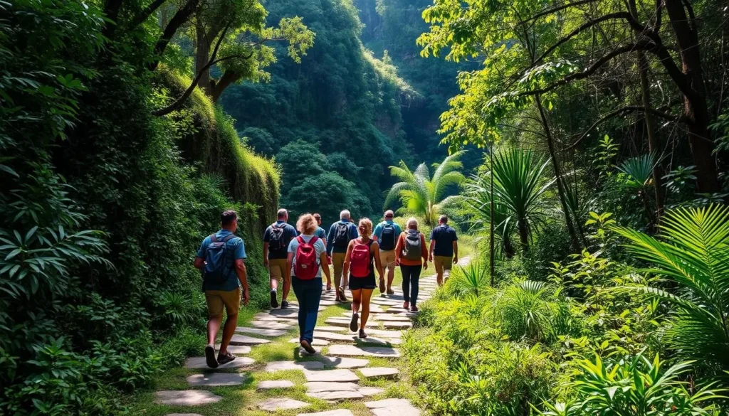 Hikers navigating a stone path through Marojejy National Park's rainforest