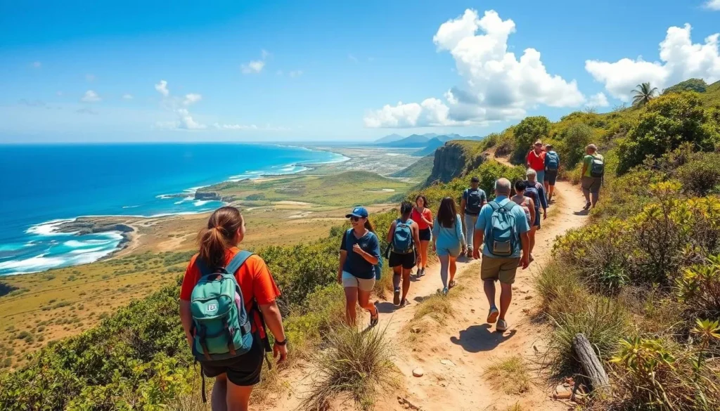 Hikers of diverse backgrounds enjoying the coastal trail at Indian Town National Park with stunning ocean views
