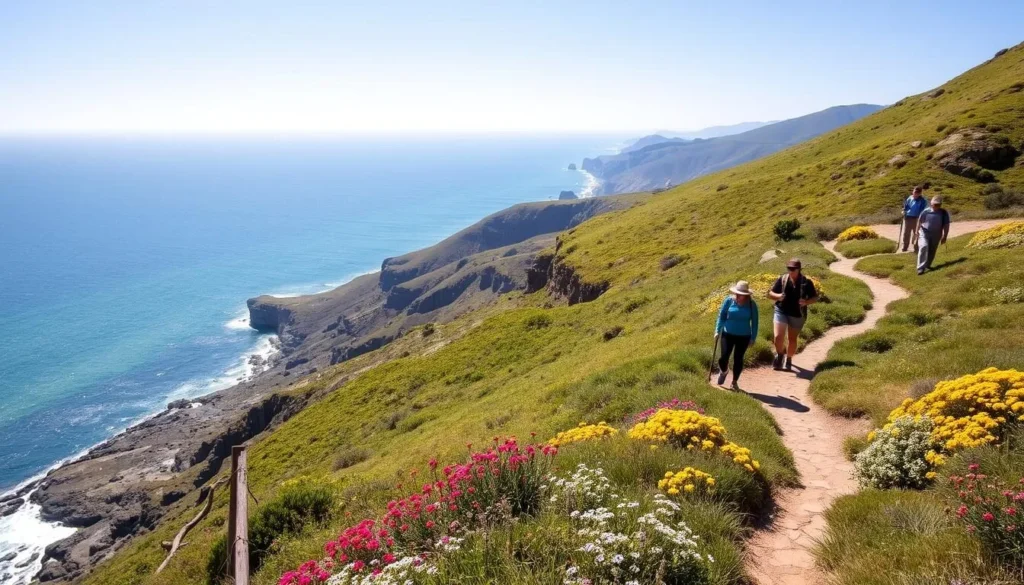 Hikers on Cavern Point Trail with panoramic ocean views in Channel Islands National Park