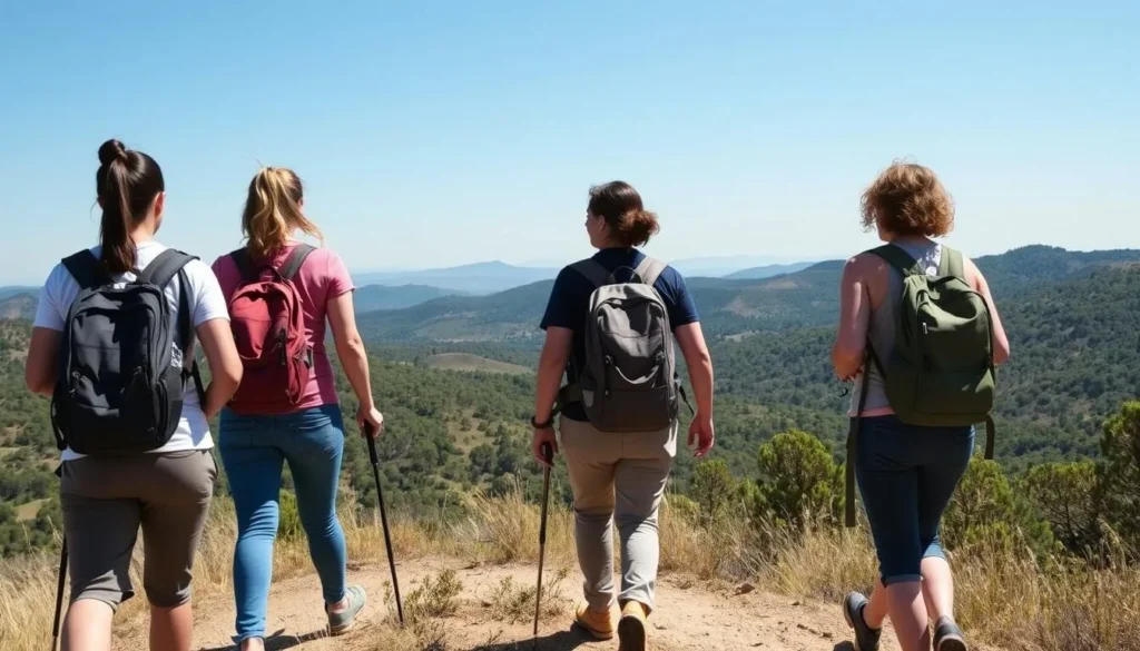 Hikers on East Ridge Trail with panoramic views of Austin Creek wilderness