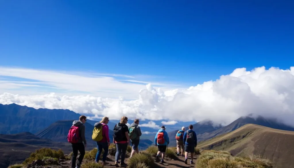 Hikers on Iztaccihuatl trail with changing weather conditions showing clouds rolling in during afternoon