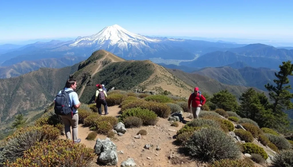 Hikers on La Malinche mountain with Pico de Orizaba visible in the distance, showing acclimatization hike