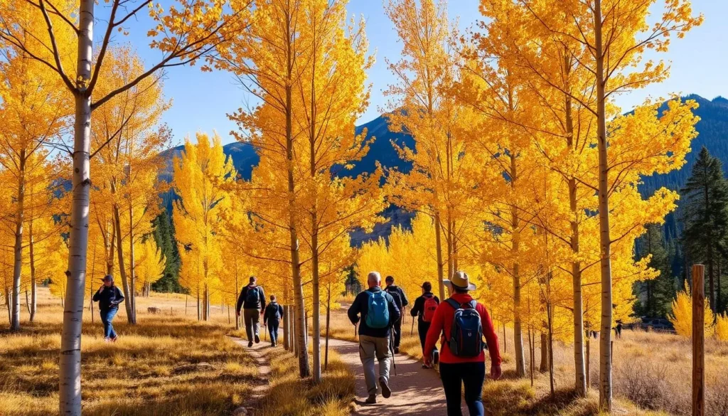 Hikers on Parker Lake Trail with aspen trees in fall colors and mountain views