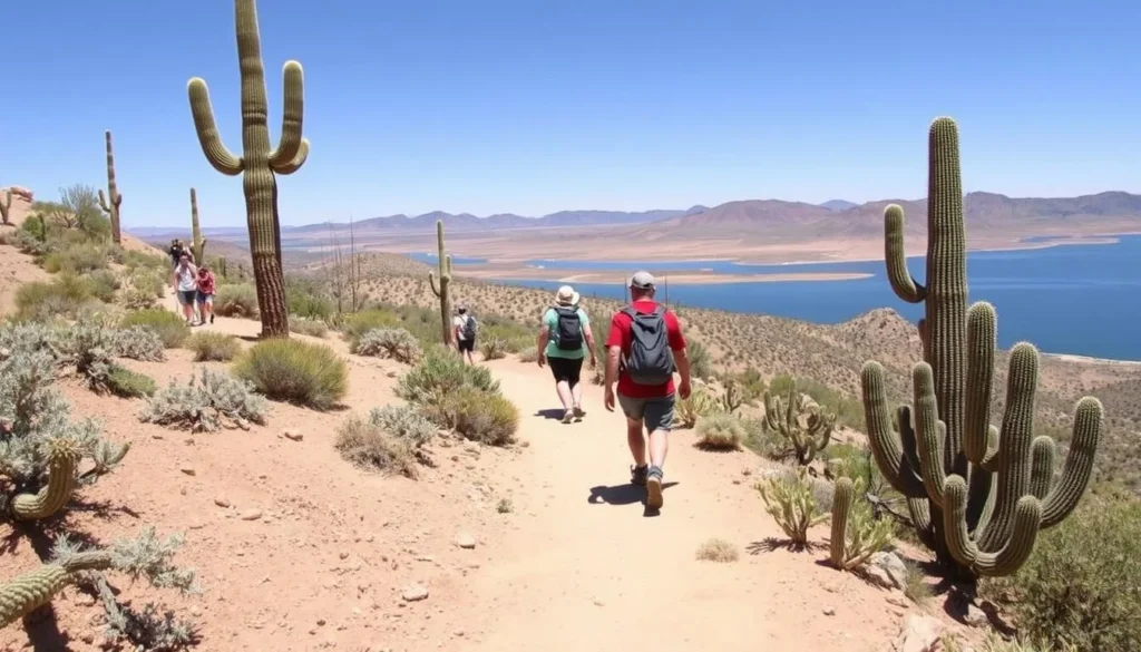 Hikers on Pipeline Canyon Trail at Lake Pleasant with desert vegetation