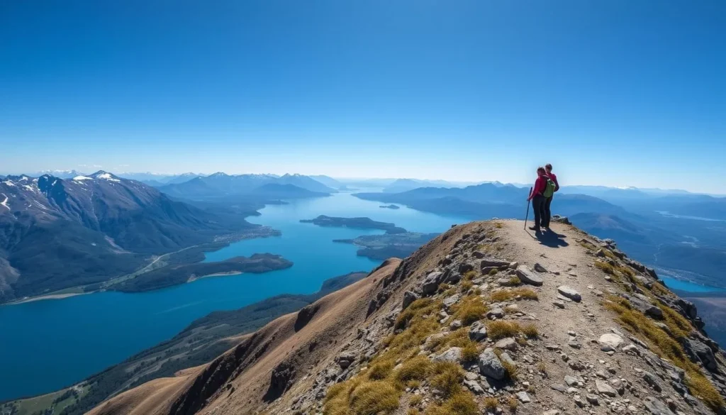 Hikers on Roy's Peak Track with panoramic views of Lake Wanaka