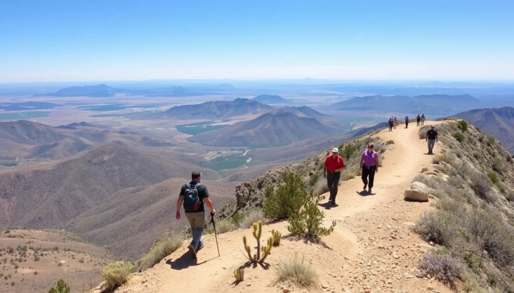 Hikers on Skyline Drive Trail at Davis Mountains State Park, Texas with panoramic views