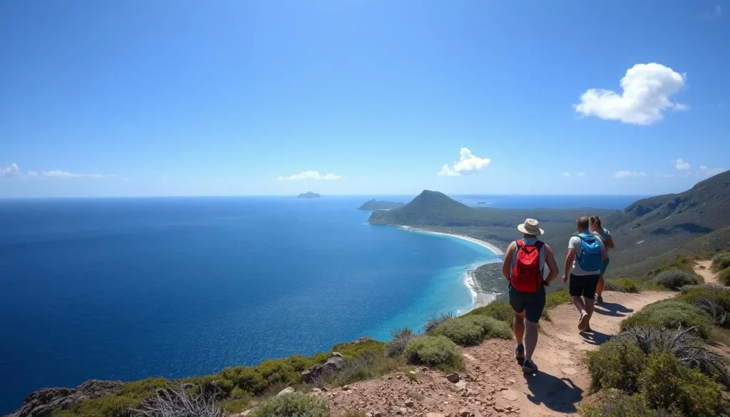 Hikers on a coastal trail on Salt Island with ocean views