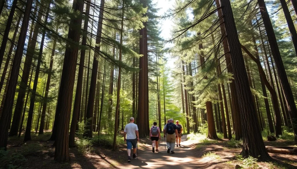 Hikers on a forest trail at Malakoff Diggins State Historic Park