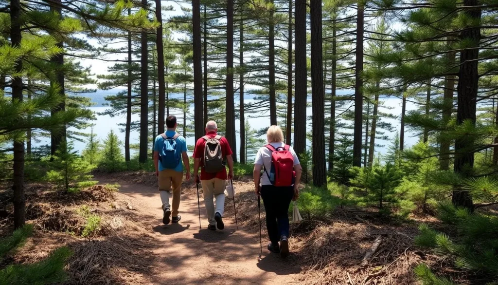 Hikers on a forest trail at Turtle Head Preserve on Islesboro with glimpses of Penobscot Bay