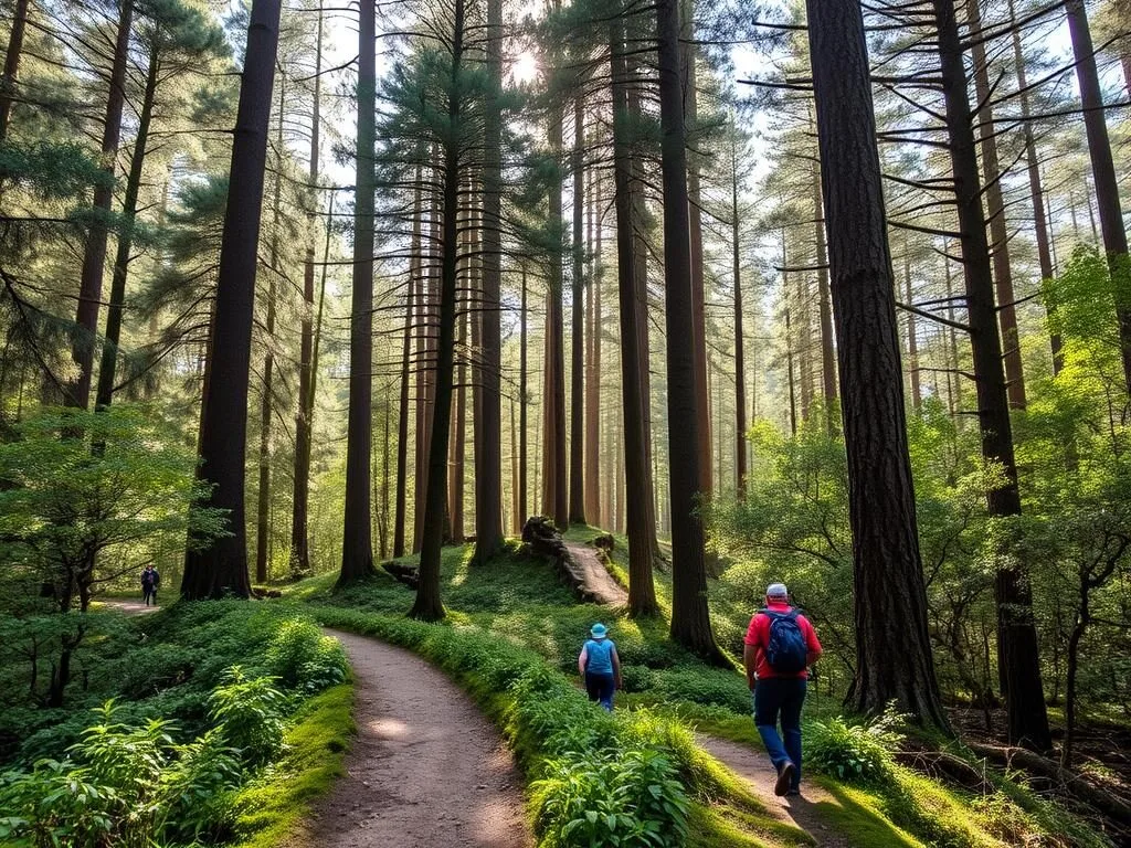 Hikers on a forest trail in Cañón del Río Blanco National Park surrounded by pine trees