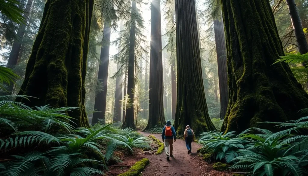 Hikers on a forest trail surrounded by ancient cedar trees and lush ferns in the Great Bear Rainforest