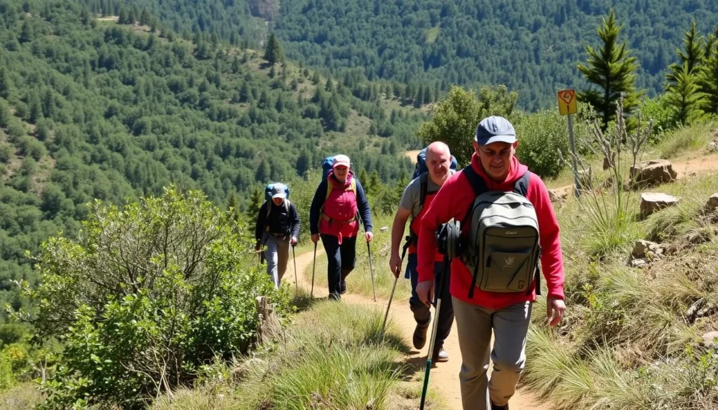 Hikers on a marked trail in Talassemtane National Park with a local guide, Morocco