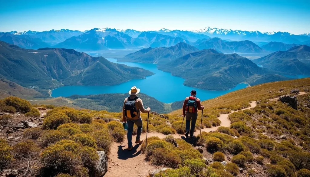 Hikers on a mountain trail in Nahuel Huapi National Park with lake views