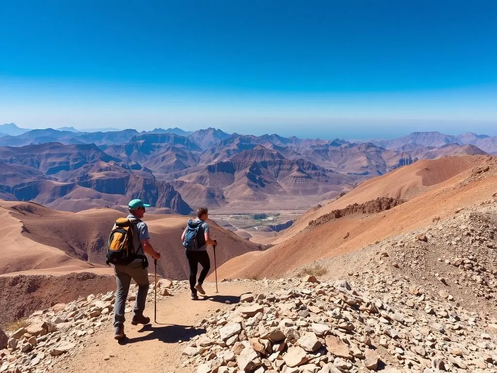 Hikers on a mountain trail in the Al Hajar mountains near Bawshar with panoramic views