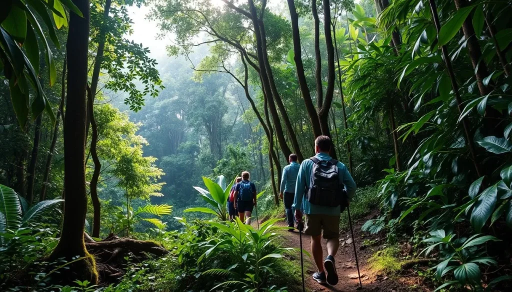 Hikers on a rainforest trail near Balikpapan with lush vegetation