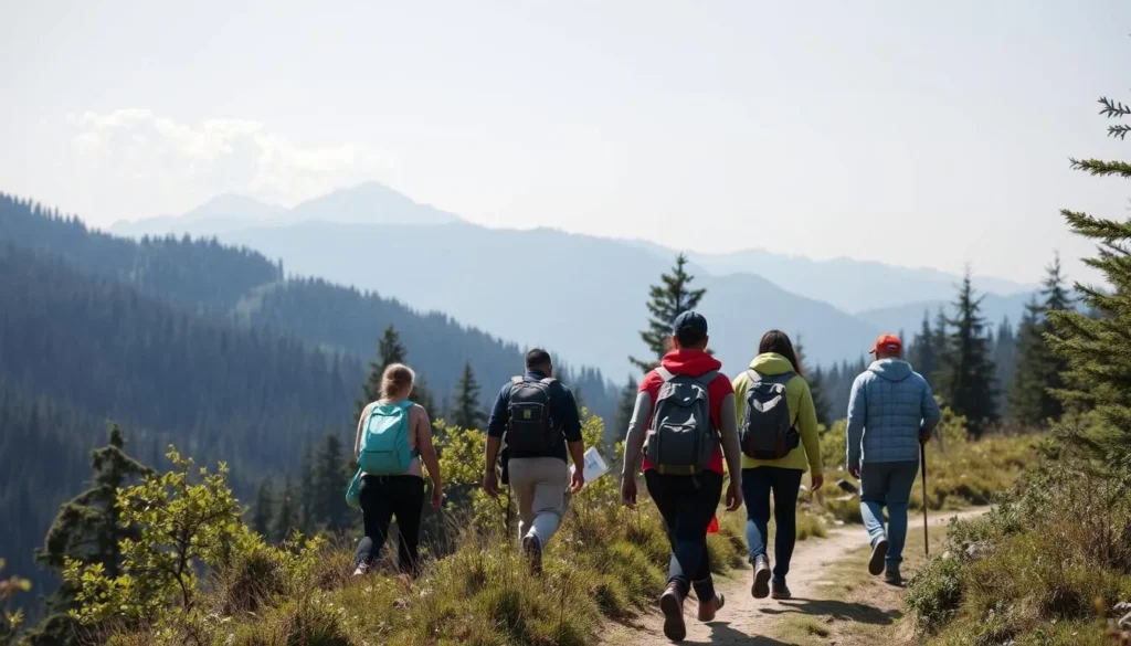 Hikers on a scenic trail in Thrumshingla National Park with mountain views