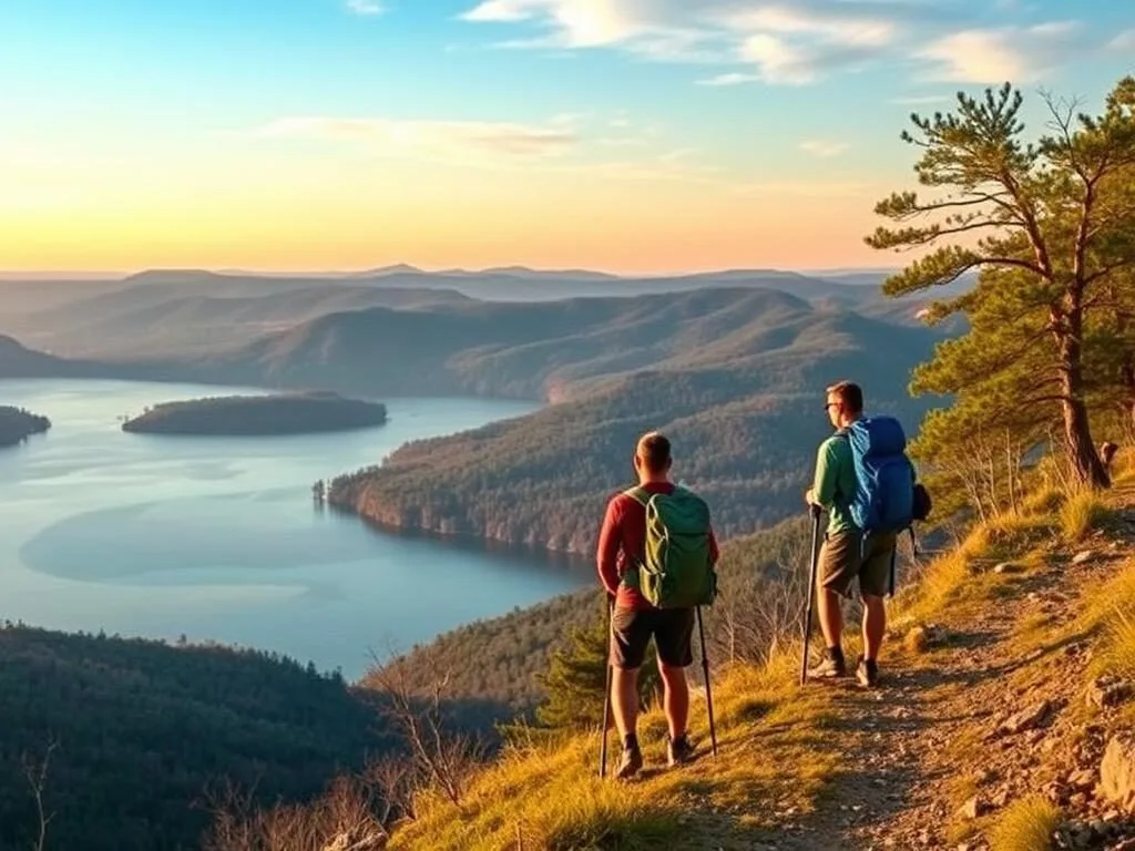 Hikers on a scenic trail overlooking Dale Hollow Lake Hikers on a scenic trail overlooking Dale Hollow Lake