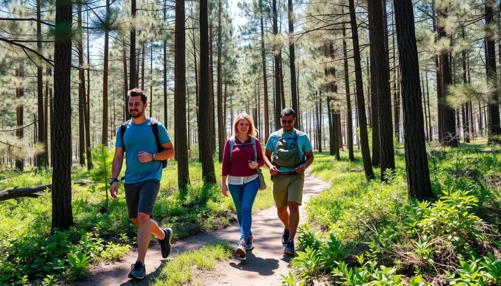 Hikers on a scenic trail through pine forests at Lake Louisa State Park Hikers on a scenic trail through pine forests at Lake Louisa State Park