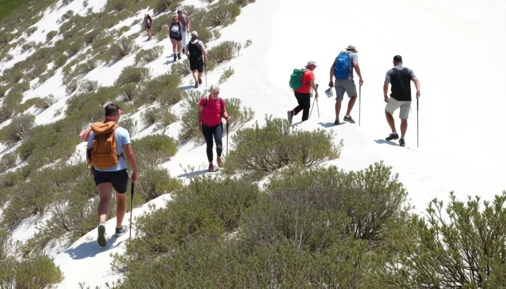 Hikers on a steep white sand ridge trail at Allen David Broussard Catfish Creek Preserve State Park