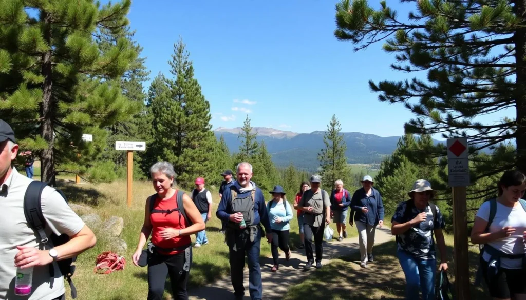 Hikers on a terrenkur trail in Kislovodsk National Park with mountain views