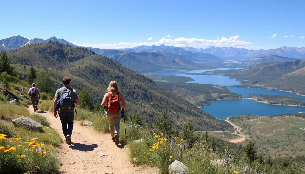 Hikers on a trail at East Canyon State Park with scenic mountain views