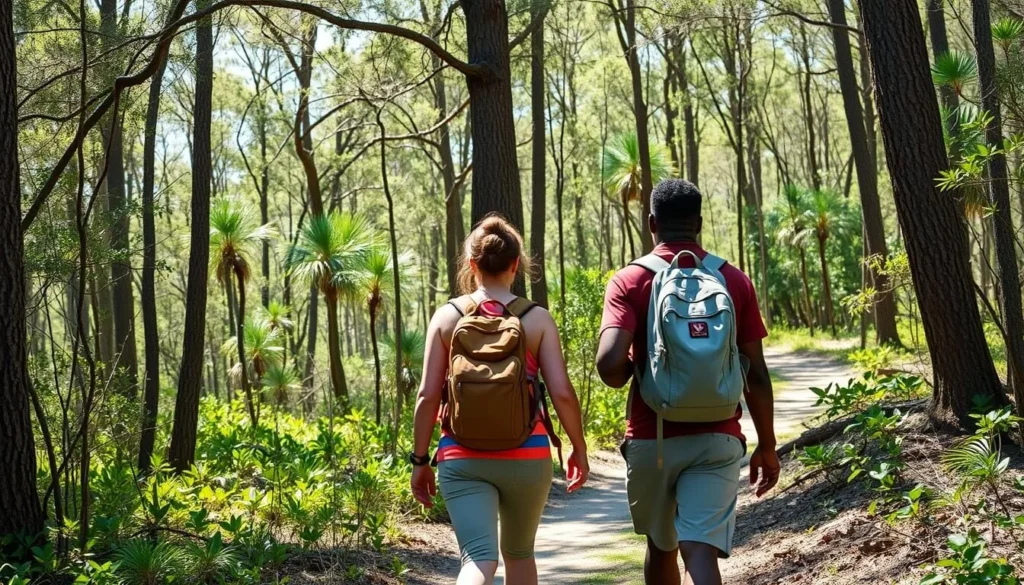 Hikers on a trail at Lake Kissimmee State Park surrounded by pine flatwoods and palmetto